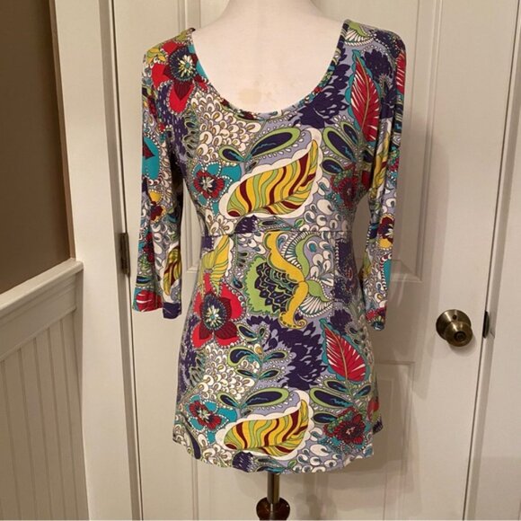 SALAAM TOP SCOOP NECK & BACK BLUE WHITE PURPLE MULTI COLOR FLORAL SIZE L USA - Picture 6 of 8